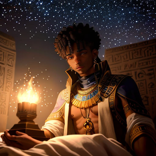 a man in a costume holding a candle in front of a star filled sky with stars above him and a star filled sky above him
