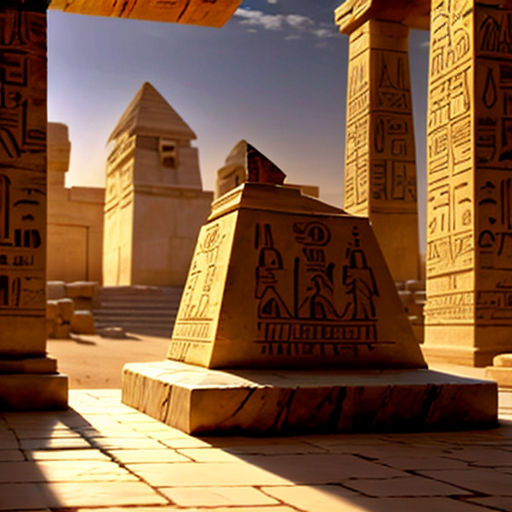 a large egyptian temple with a sky background and some statues on the ground in front of it and a few other statues in the background