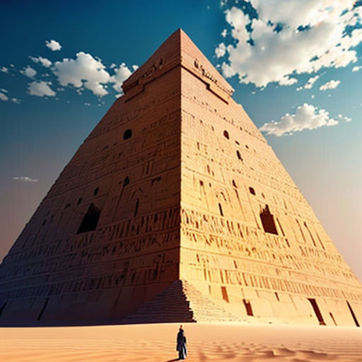 a large pyramid in the middle of a desert with a person standing in front of it and a sky background