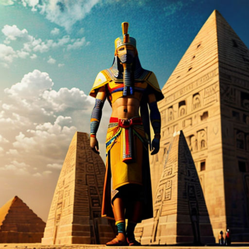 a man in a costume standing in front of a pyramid with a sword in his hand and a sky background