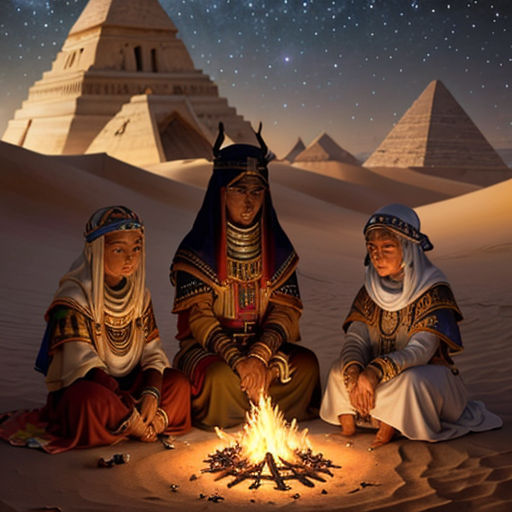 three people sitting around a fire in the desert with pyramids in the background and stars in the sky