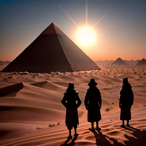 three people standing in front of a pyramid in the desert at sunset or sunrise or sunrise, with the sun setting behind them