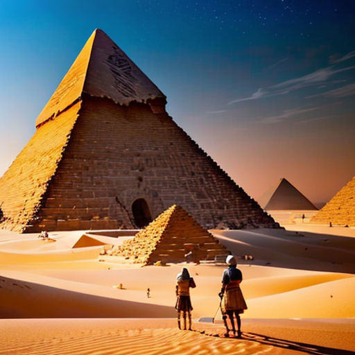 two people standing in front of a pyramid in the desert with a sky background and a star filled sky