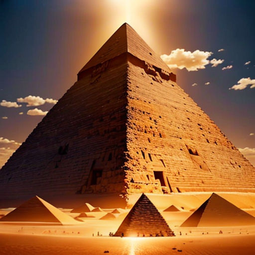 a pyramid in the desert with the sun shining over it and clouds in the sky above it, with a bright sun shining over the pyramid