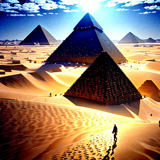 a pyramid in the desert with a sky background and a man walking in the sand near it with a bright sun shining over it