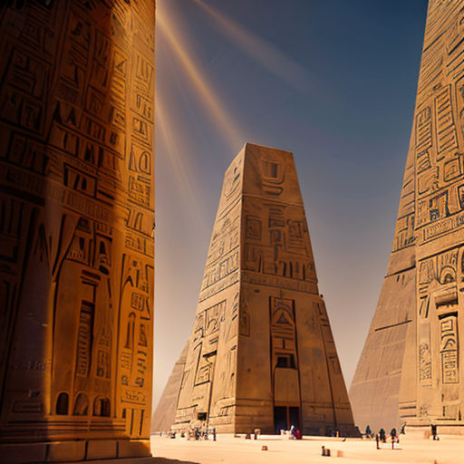a group of large stone obelisk standing next to each other on a sandy field with people walking around