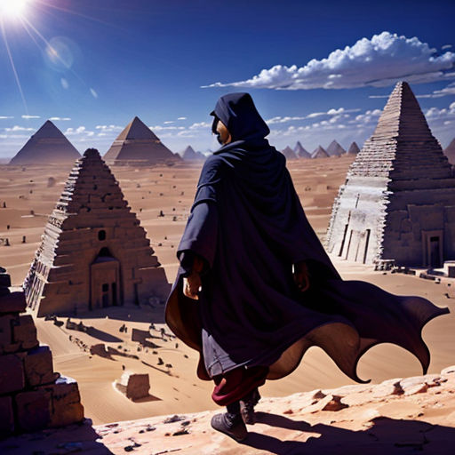 a man in a cape and caped cloak standing in front of pyramids in the desert with a bright sun