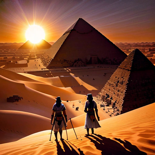two people walking across a desert near the pyramids of giza in the background, with the sun setting