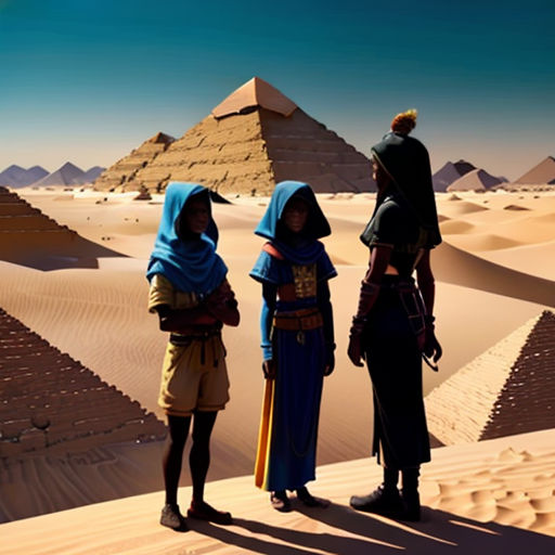 three people standing in the desert with pyramids in the background and a sun in the sky above them