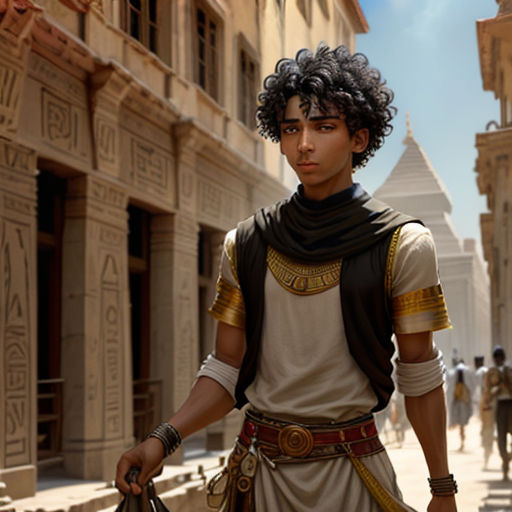 a man in a roman costume is walking down a street with a bag in his hand and a man in a black and white outfit is holding a bag
