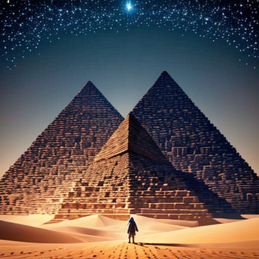 a man standing in front of two pyramids in the desert with a star in the sky above them