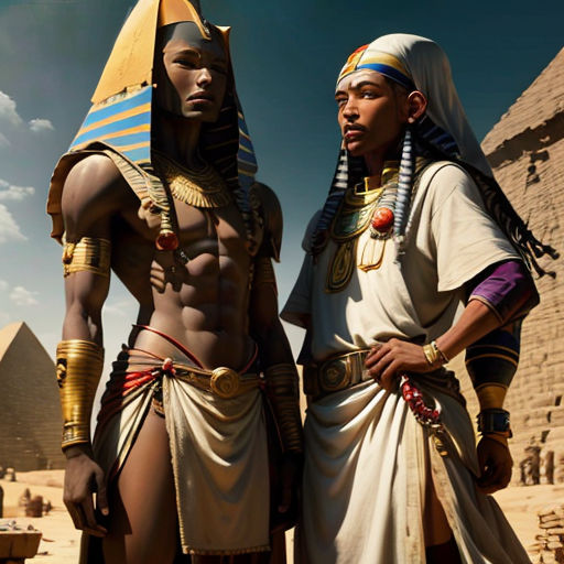 two men dressed in egyptian costumes standing next to each other in front of a pyramid in egypt, with a blue sky in the background