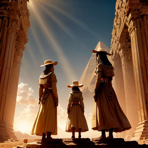 three women in long dresses and hats standing in front of a pyramid with the sun shining through the clouds