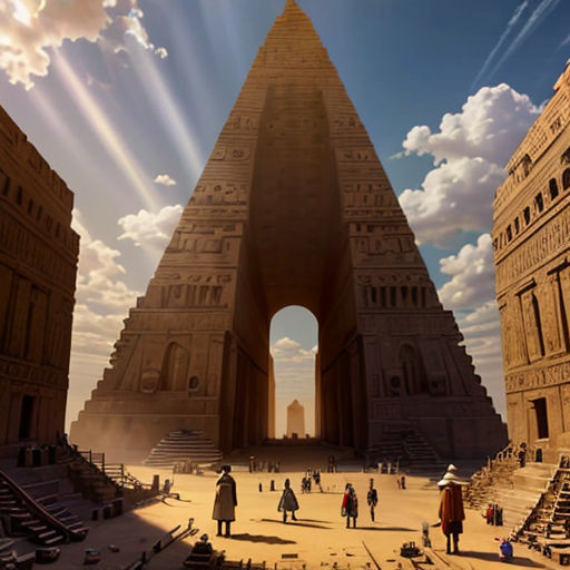 a large pyramid with people walking around it in a desert area with sun beams coming through the clouds above