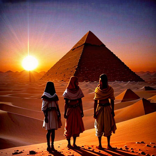 three people standing in front of a pyramid in the desert at sunset, with the sun setting behind them