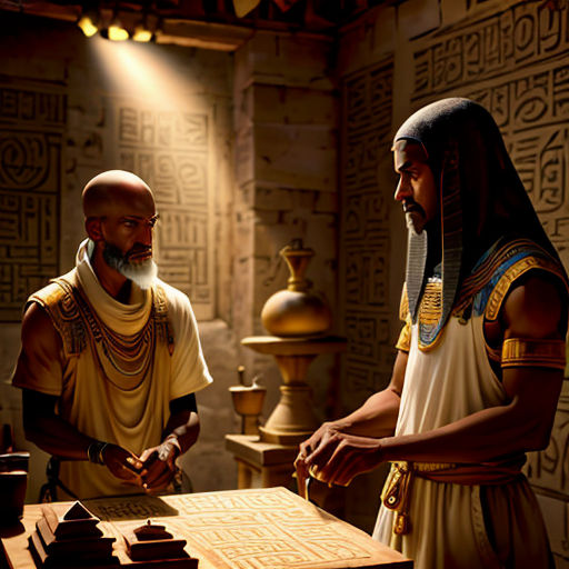 a scene of a man and a woman in ancient egypt, one of them is looking at a tabletop