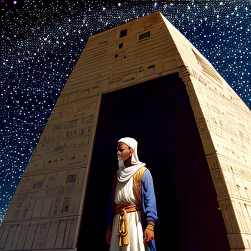 a man standing in front of a pyramid under a night sky filled with stars and stars above him is a star filled sky
