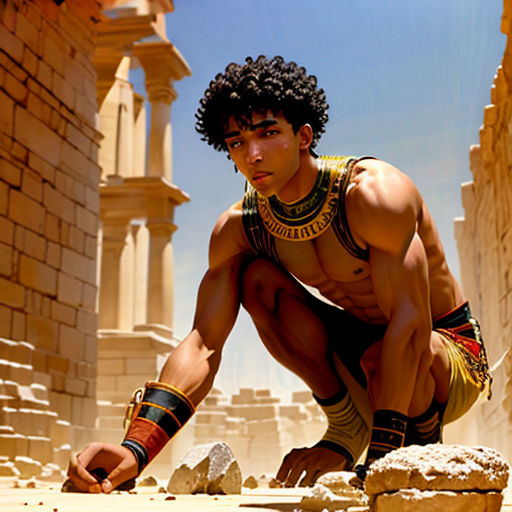 a man kneeling down in front of a stone wall with a sword in his hand and a helmet on his head