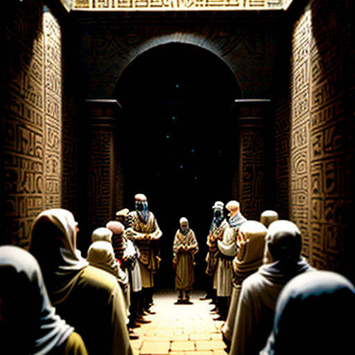 a group of people standing in a tunnel with a sky background and a star above them in the sky
