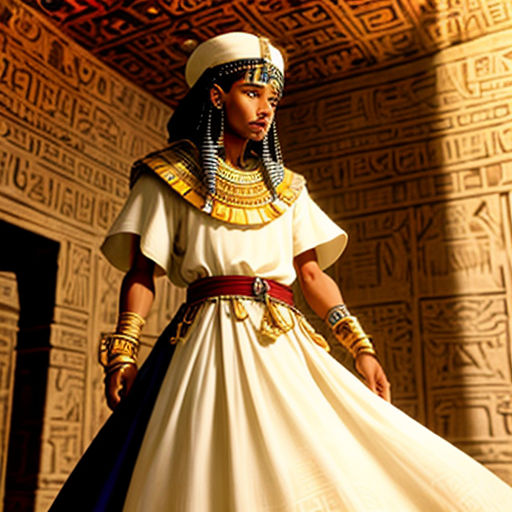 a woman in a white dress and headdress standing in front of a wall with egyptian writing on it