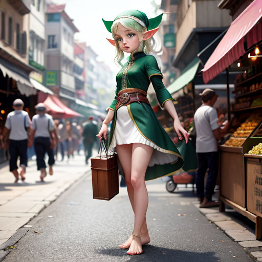 a woman dressed in a costume walking down a street with a basket of fruit in her hand and a man in a suit walking behind her