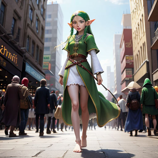 a woman dressed in a green and white outfit walking down a street with a green elf costume on and a green hat