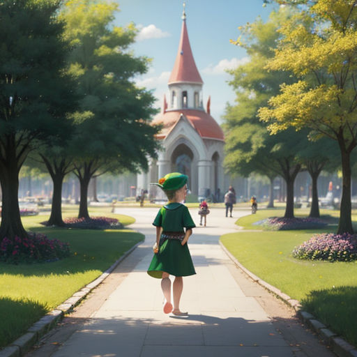 a little girl walking down a sidewalk in a park with a green dress and green hat on her head