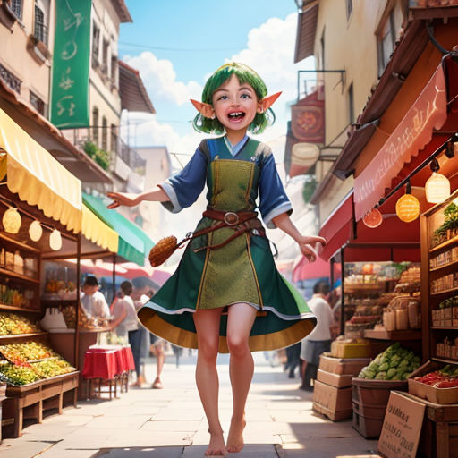 a cartoon character is walking down a street in a market place with a green hat and green apron on