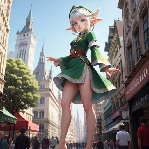 a cartoon character is standing on a city street with a giant clock tower in the background and a woman in a green dress