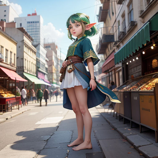 a woman in a short skirt and a green hair standing on a sidewalk in front of a store front