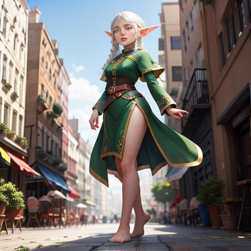 a woman in a green dress is standing on a street corner with buildings in the background and a sky background