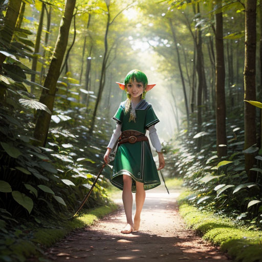 a young girl dressed as zelda walking down a path in the woods with a wand in her hand