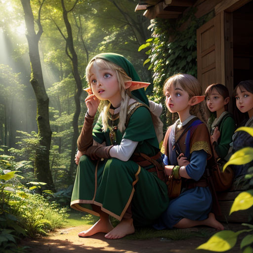 a group of children dressed in elf costumes sitting on a porch in the woods with sunlight streaming through the trees