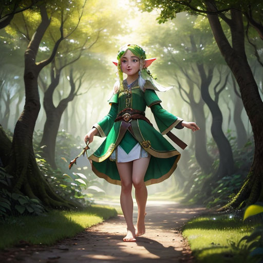 a woman dressed in a green and white outfit walking down a path in a forest with trees and grass
