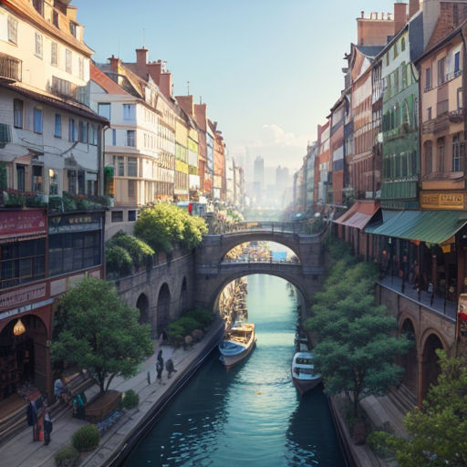 a river running through a city next to tall buildings and a bridge with a boat on it's side
