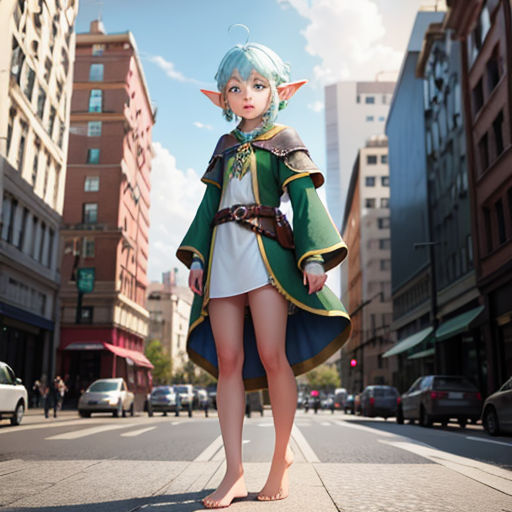 a woman in a green and white outfit standing on a street corner in a city with tall buildings and cars