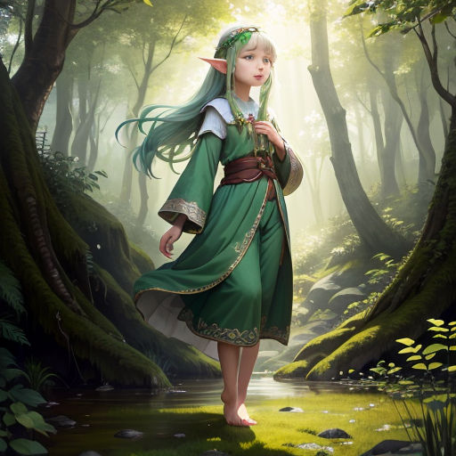 a girl in a green dress is walking through a forest with a stream in her hand and a forest scene in the background