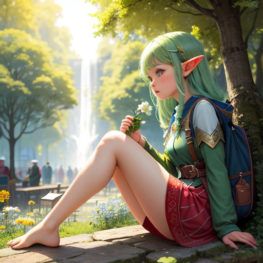 a woman with green hair sitting on a stone wall next to a tree and a fountain with a flower in her hand