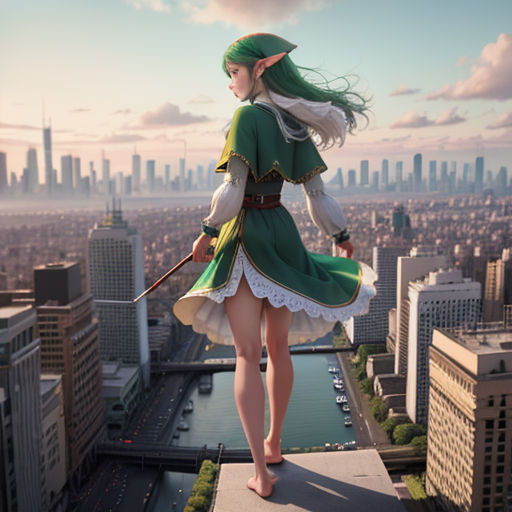 a woman in a green dress standing on a ledge with a sword in her hand and a city in the background