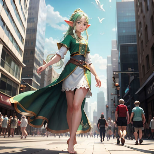 a woman in a green and white dress walking down a street with a bird flying overhead in the sky