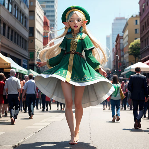 a woman dressed in a green and white outfit walking down a street with a green hat on her head