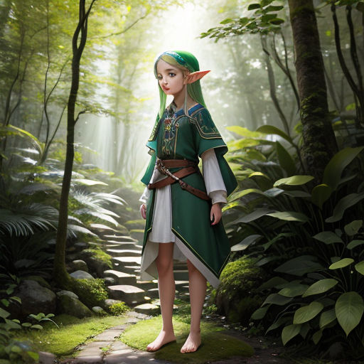 a woman in a green dress standing in the woods with a green hat and green hair and a green and white dress