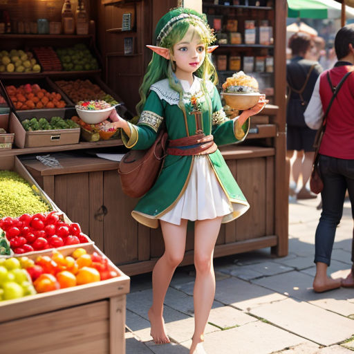 a woman dressed in a costume holding a bowl of food in front of a fruit stand with other people