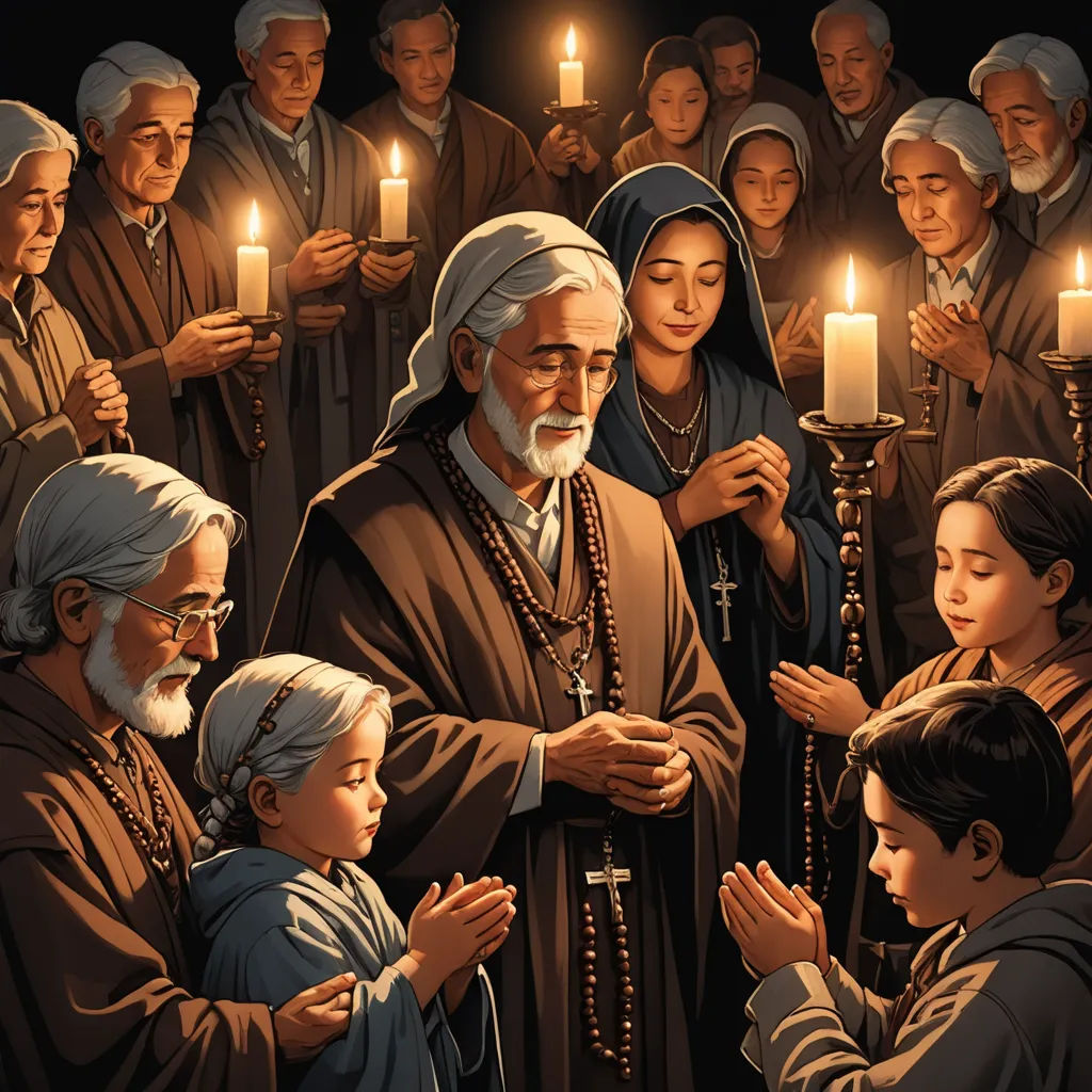 a painting of a man with a group of people holding candles in front of him and a woman holding a child, gothic art, a storybook illustration, Brothers Hildebrandt, candles