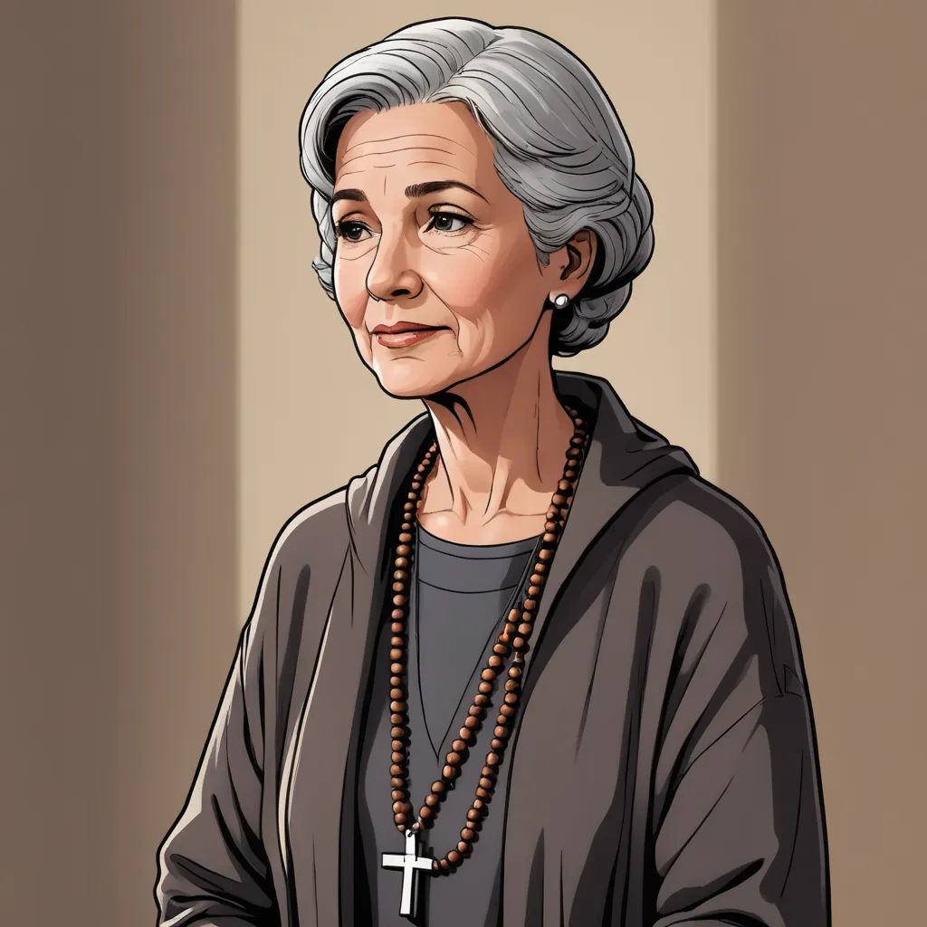 a woman with a rosary on her neck and a cross on her necklace, in a room with a light colored wall, sots art, a character portrait, Ancell Stronach, character portrait