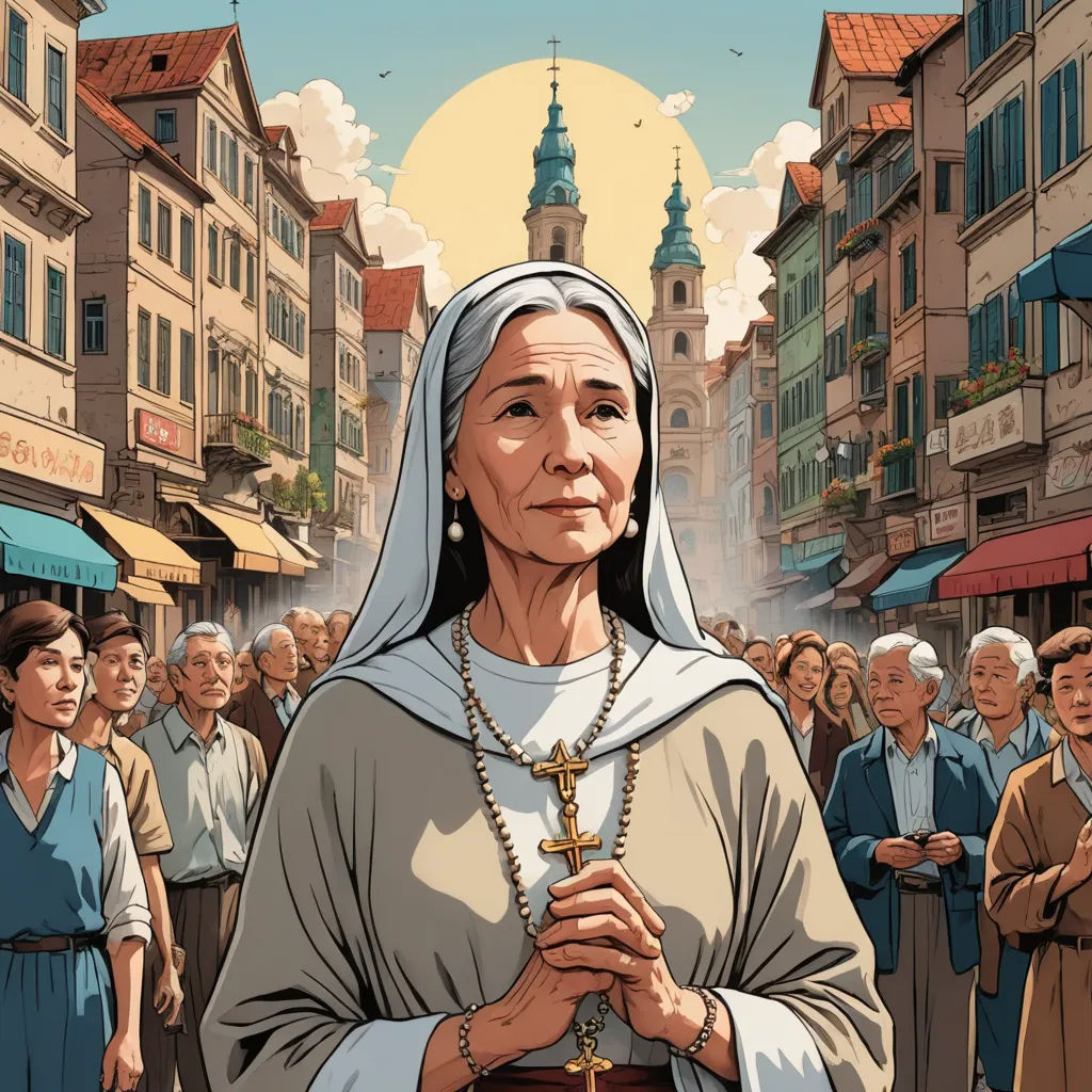 a woman in a nun outfit standing in front of a crowd of people in a city street with a cross, renaissance, poster art, F Scott Hess, high detail illustration