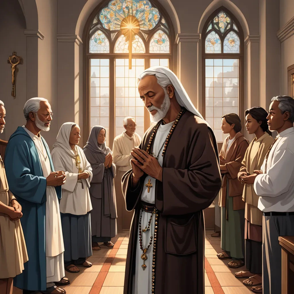 a painting of a priest standing in front of a group of people in a church with stained glass windows, rayonism, a storybook illustration, Christophe Vacher, official art