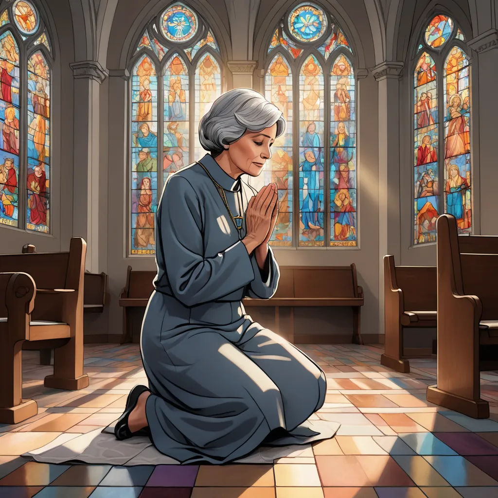 a woman kneeling in front of a stained glass window in a church with a kneeling woman in front of a stained glass window, remodernism, a comic book panel, Constance Copeman, rossdraws global illumination