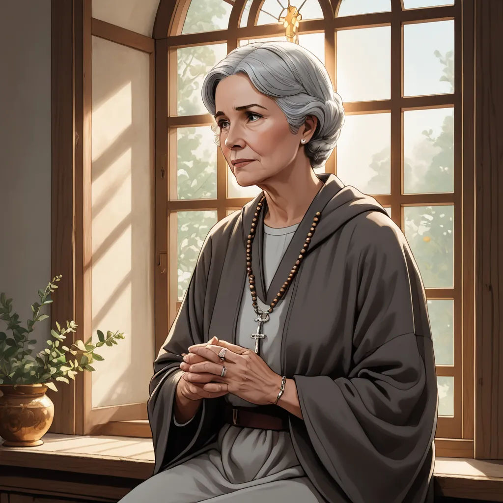 a painting of a woman sitting in front of a window with a rosary on her chest and a potted plant in front of her, fantasy art, a character portrait, Elinor Proby Adams, character portrait