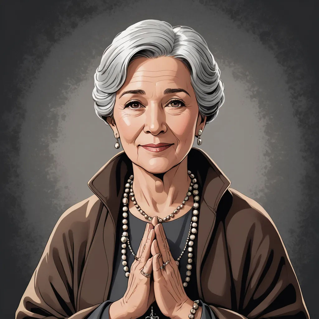 a woman with grey hair and pearls is praying with her hands together in prayer position with her hands folded, digital art, a character portrait, Araceli Gilbert, maya